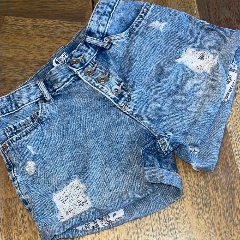 Sugar & Jade Girls Distressed Denim Shorts Bandana Pockets Blue Size 12